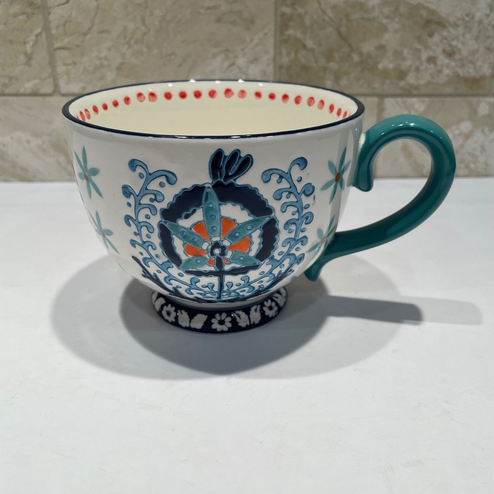 Potter's Studio Ceramic Bohemian Floral Coffee Mug Soup Bowl Teal‎ Blue Orange